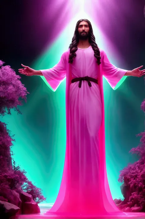 jesus christ of nazareth walks in a neon pink stream looking at the viewer, with hundreds of neon green quartz crystals 8 to 15 ...