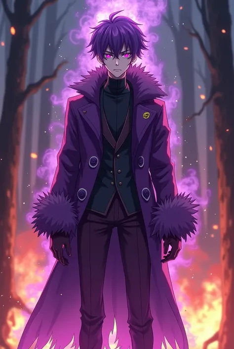 Teenager male, 190 cm tall, thin but fit build, handsome young face, sharp chin, sharp teeth, purple eyelashes, purple eyebrows, purple eyes, short villainous purple hair, buttoned purple coat with fluffy sleeves and fluffy collar, purple pants, purple glo...