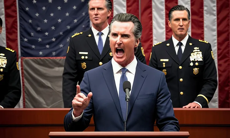 Governor Gavin Newsom (extremely detailed and lifelike, CCP uniform, furious and pounding a podium while yelling), CCP flags flank Gavin, he is yeling for censorship and end free speech, Democrat audience resembling lobotomized sheep clap and cheer, news o...