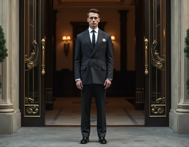 create an image of a doorman at the entrance with an alternative company uniform 
