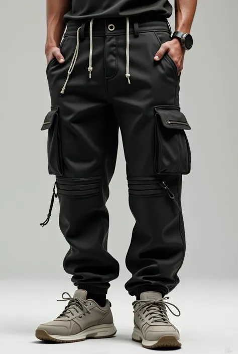 Black  mixed pee pant cargo pants  and sneakers 