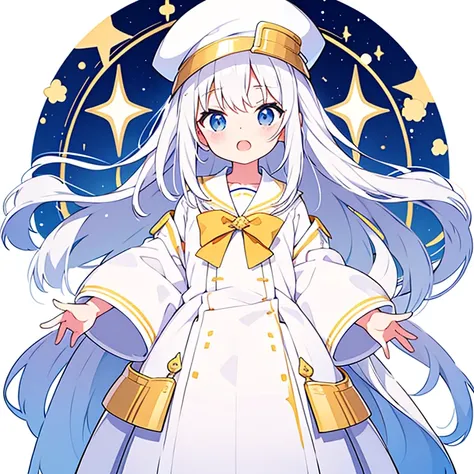 Mouth open、Pure white background、tachi-e、Standing still、Hands at sides、White hat with gold decoration、Long white hair、Sailor&#39;White uniform