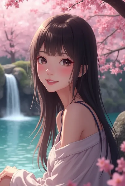 {Photorealistic, Highest Quality, Highest Resolution} A beautiful Japanese woman sitting by a lake with a waterfall in a cherry blossom forest, long straight hair with bangs, delicate and cute face, shy, smiling shyly, closeup portrait  