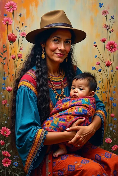 Image of a cholita with her baby in the style of the painter Mamani Mamani 