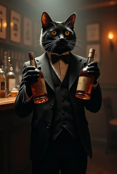 Black cat in three piece suit in the bar and two bottles alcohol holding in his hand one bottle on touch mouth