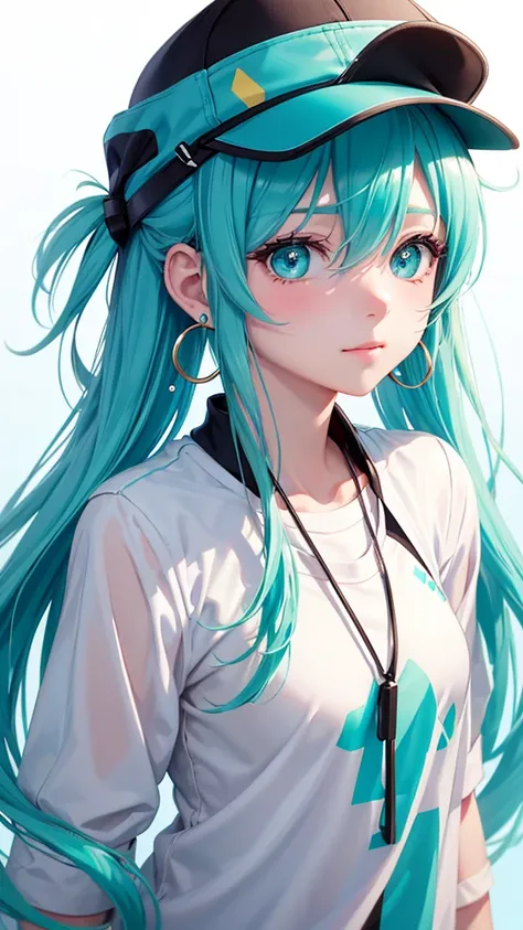 skistyle, miku hatsune, masterpiece, best quality, 1girl, blush, aqua eyes, cap, closed mouth, earrings, hat, hoop earrings, jewelry, looking at viewer, shirt, simple background, solo, upper body, yellow shirt