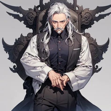 ((Masterpiece, Highest quality)), !!1 male!!, solo, Detailed face, long gray hair, brown eyes, gray moustache, full bodyesbian, Full of details, Highly detailed, Depth, Many parts, old man, old member, silver top, dark blue trousers, (simple background, wh...