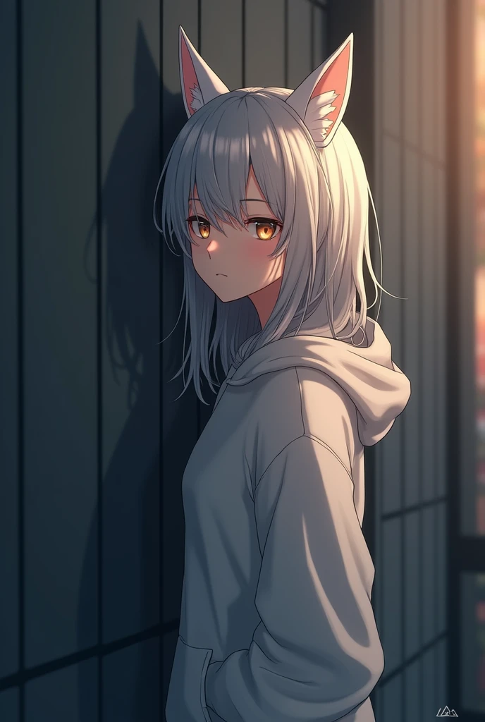 Demi-Human, Anime, Female, 2, Long hair is a little messy, Silver hair, little bangs falling over her face, Golden eyes, Wolf ears, Wear a loose hoodie, Standing against the wall, at dusk, dimly lit, calm expression, 162 cm, Stand sideways