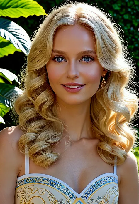 Belle blonde portant un pull beige clair (Nail care in the garden), Very detailed, 21 ans, model, Versace sexy dress visage innocent, natural silky white blond wavy hair, yeux bleus, High resolution, Masterpiece, Best quality, Intricate details, highly det...