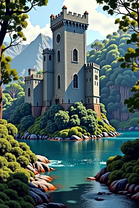 Medieval castle with a moat filled with water near a forest 