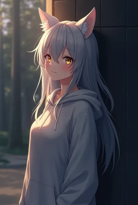 Demi-Human, Anime, Female, 2, Long hair is a little messy, Silver hair, little bangs falling over her face, Golden eyes, Wolf ears, Wear a loose hoodie, Standing against the wall, at dusk, dimly lit, calm expression, 162 cm, Stand sideways