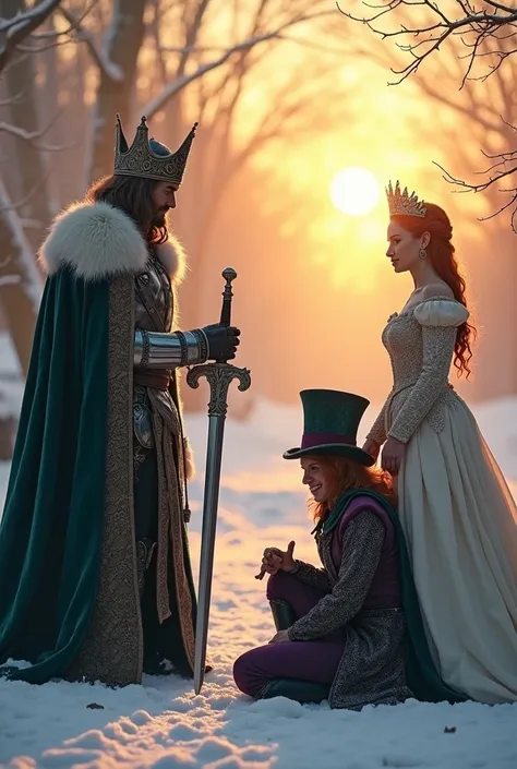 A medieval warrior king with his sword and his queen knighting the mad hatter in a snowy setting with the sun rising