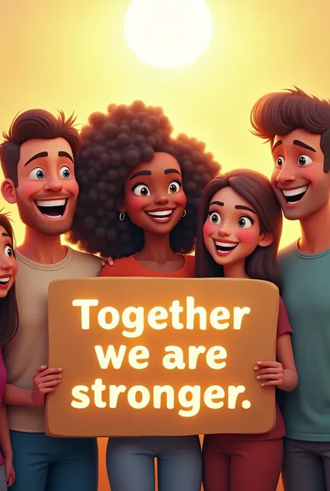 All the characters together, smiling and happy, with the sun shining behind. A sign says "Together we are stronger".