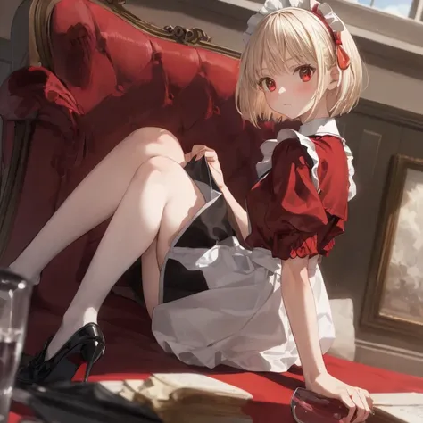 (masterpiece, Best Quality), whole body, 1 girl, Alone, Maid uniform, Classic Maid，Character Portrait，whole body,Red dress,White handbag,glass,Puff sleeves,Low Angle,Patent leather shoes