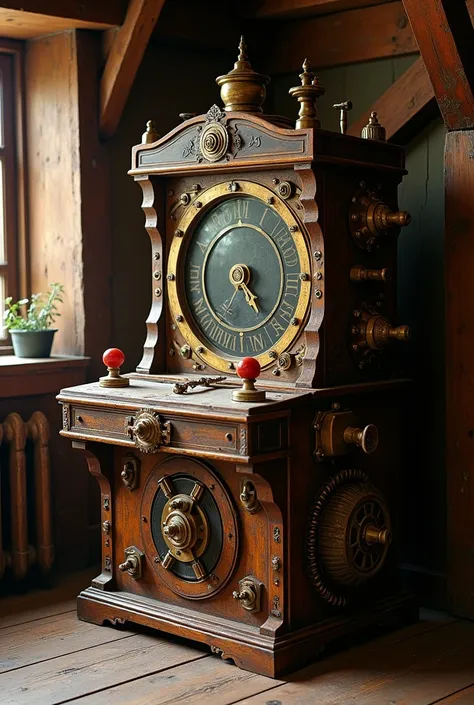 Vintage time machine with steampunk aesthetics inside a wooden-floored attic. The machine is big, it has gears, cranks, Red Button, key to turn. It has a shape that resembles an arcade game.