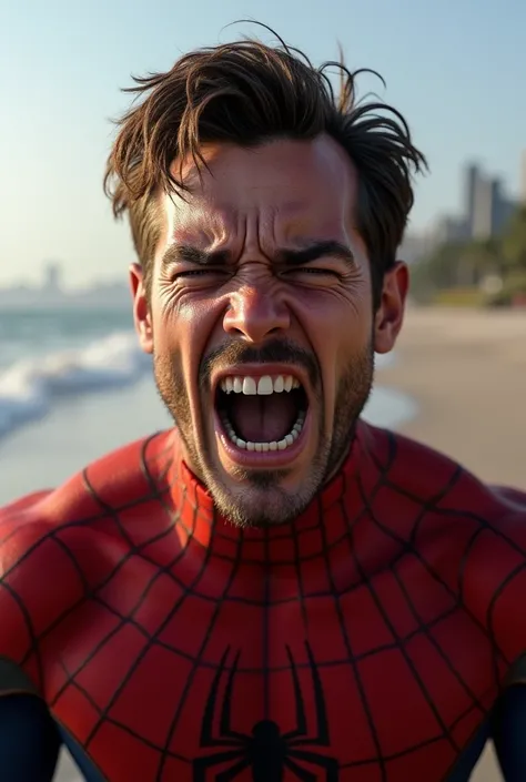 Spider-Man showing anger in his expression remembering that he is on the beach 