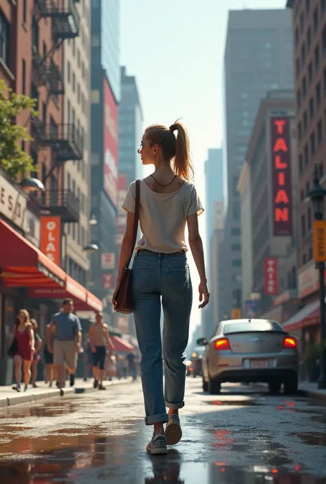 A girl wearing jeans clothes walking in a street in new york city 