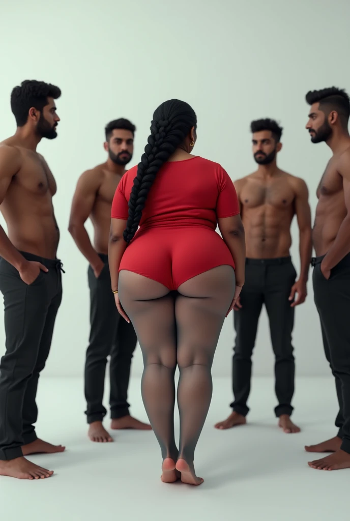 hot plus size white south indian milf with long single plaited hairstyle, big breast, big hip, very big ass, thick thighs, woman wearing red silk blouse and transparent gray silk leggings, bending over, sexy pose, group of indian 20 year old boys standing ...