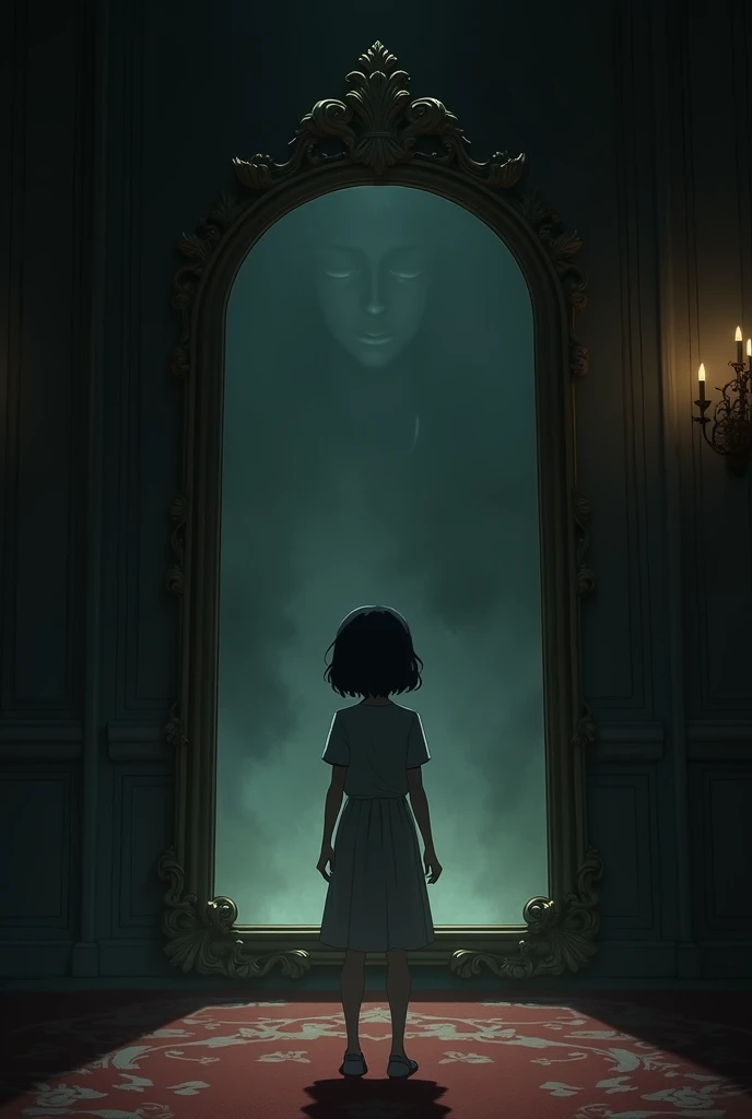 The girl named Ron was standing in the living room of the mansion, in front of her was a wall hanging a mirror as big as the wall, the old mirror couldnt reflect her image only a blurry shadow, the angle was behind the girl named Ron, horror anime style.