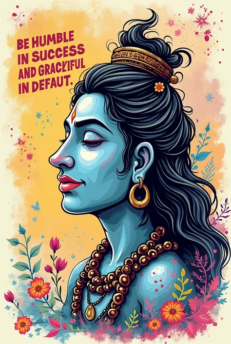 Create a text caricature art of quote, add lord shiva peaceful illustration in doodle art mix

Quote is "Be humble in success and gracious in defeat". 
