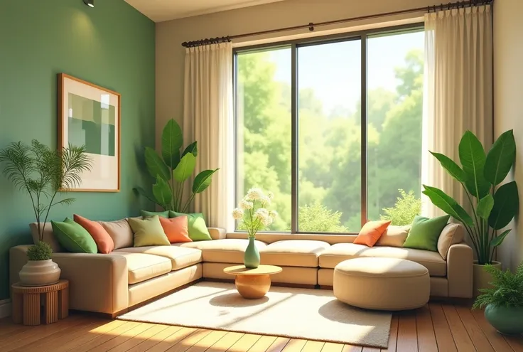 home, inside, sun-light, anime-style, no human, modern-style,clasic,green base color