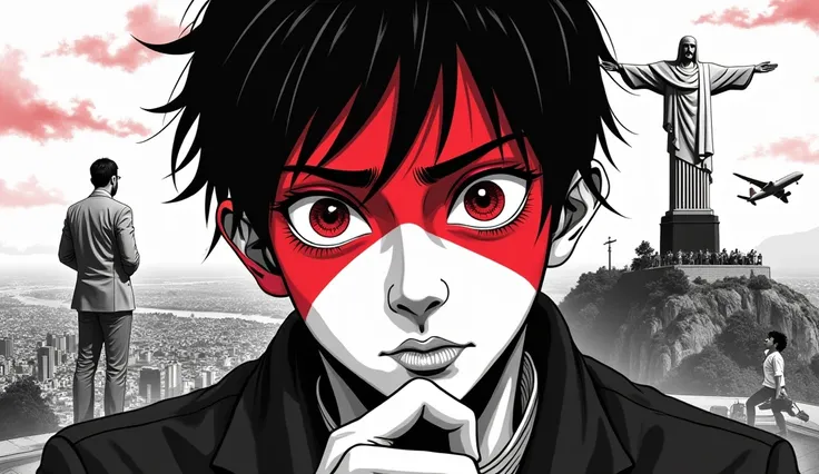 Create a black and white manga style image with, monochrome, a thoughtful person with the colored brazilian flag, clouse-up, bright red eyes, red outline. In the background, Christ the Redeemer, corrupt politician, violence and a plane passing by.