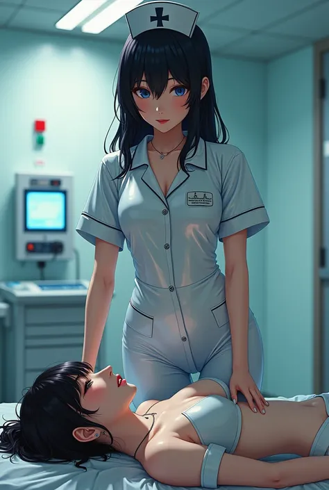 Anime nurse in latex suit watching a girl lying on her stomach her butt was covered by skin colored plaster 