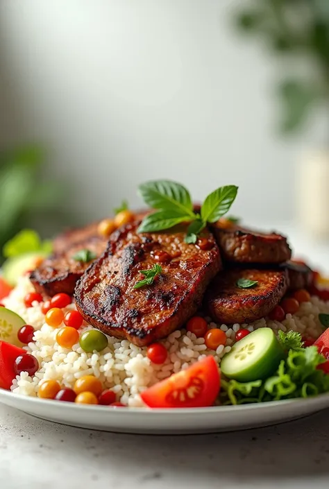 photo realistic. maximum details. plate on top of the table, full of white rice, bean, lettuce and tomato salad, crisp, roast beef. blurred white background.