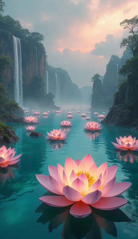 ((Ultra Realistic)) Picture a serene lagoon filled with massive, floating lotus flowers, their petals so large that they serve as islands. Each blossom glows softly, casting a pink and golden hue across the turquoise waters, creating a scene that feels lik...