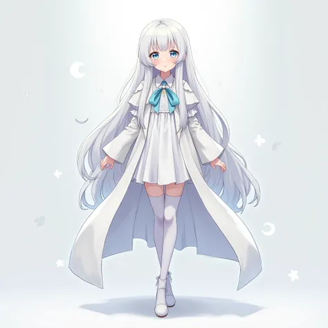 (masterpiece, best quality, ultra_detailed, High resolution, absurdities: 1.2) Little girl de cinco años de piel pálida albina , tender crystal blue eyes, adorable and attractive face, long silky white hair, thigh high stockings,long wide white coat,pointe...