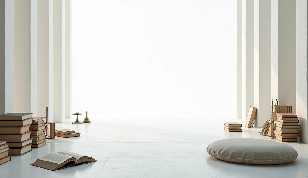 an infinite white space with an infinite white floor with many science, history and philosophy books scattered around and science and study apparatus and a comfortable meditation cushion in the center of them