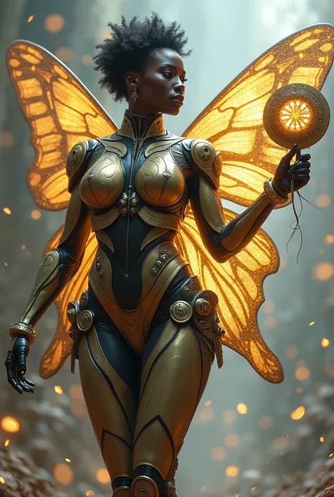 Busty african female butterfly armor robot wielding gold and crystal disk weapon 