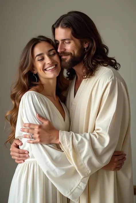 A photograph of jesus embracing a woman wearing white dress with  sleeve facing the camera showing beautiful smile