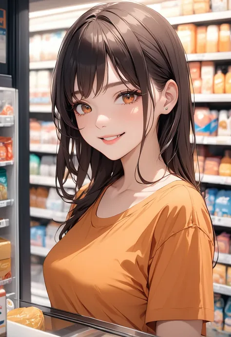 (masterpiece:1.5),(Beat quality),(high res),1girl solo,beautiful face,smile,upper body,Orange shirt woman,Convenience store