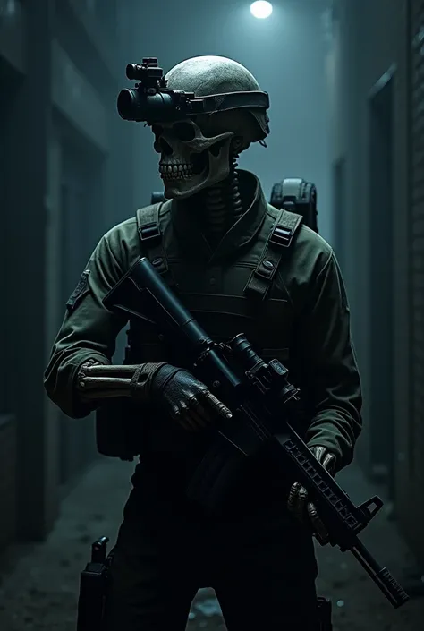 Skeleton soldier, modern uniform, tactical helmet, night vision monocular, perfectly detailed