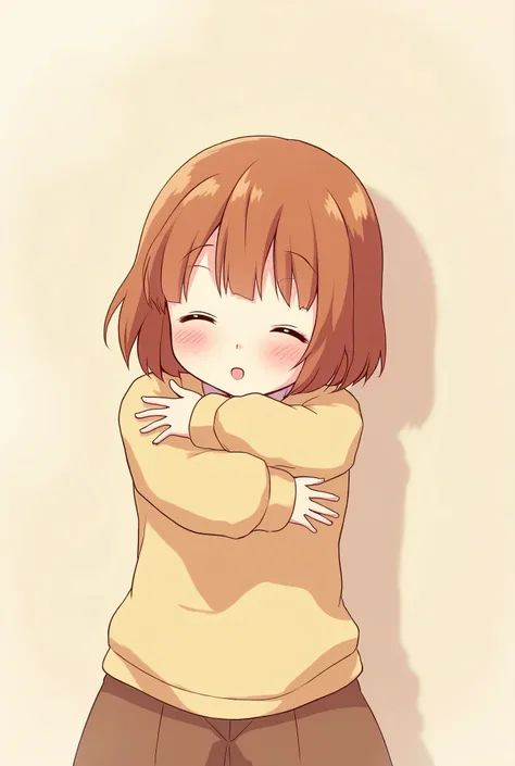 anime girl, short hair blushing and embarrassed offering her hug. 