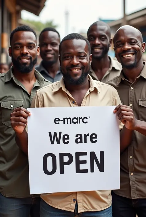 African Men Smiling Holding a poster written  (E-Marc) and word WE ARE OPEN