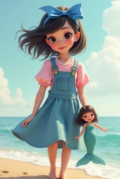 A child in a blue flared dungaree dress and a pink blouse with puffed sleeves on the shoulder. Long bob black hair with a blue satin ribbon and bow. She is on the beach with a mermaid rag doll. She has dark eyes and a charming smile. She looks like she&#39...