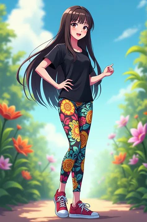 Anime girl in Floral Leggings, Black Shorth sleeve shirt and Tennis Shoes