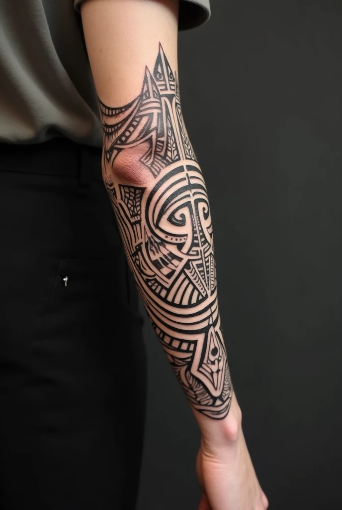 in drawing model, get a tattoo for the elbow area, that has characteristics of the Maori people, something tribal ( few lines without much information, something that starts at the elbow and ends by rotating around a part of the beginning of the forearm, t...