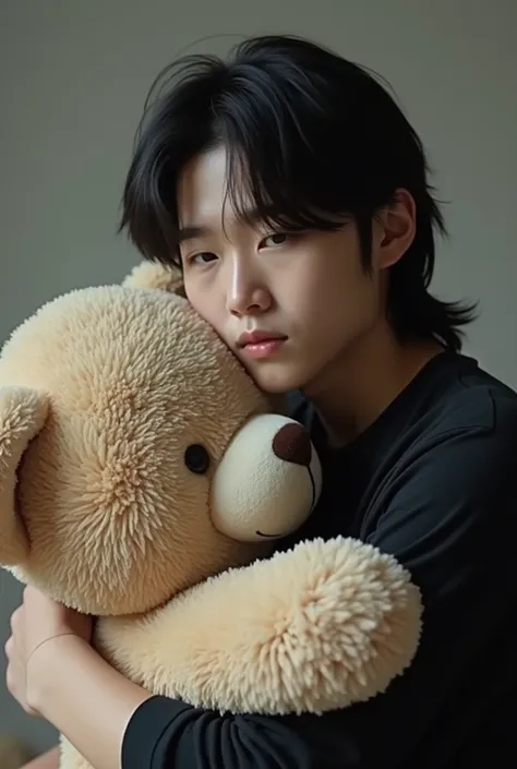 Korean man , long hair, black long-sleeved t-shirt, hugging a big teddy bear. 
(realismpic:1.2)