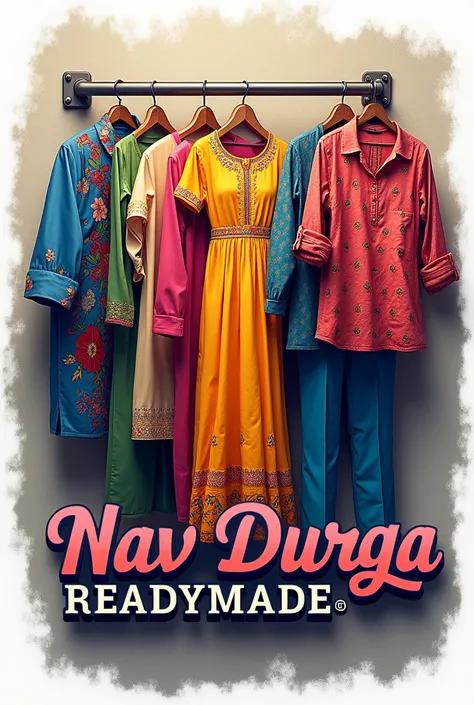 Make logo for clothes business of name NAV DURGA READYMADE include some clothes , put logo on wall