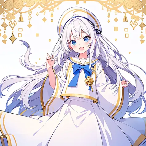 Mouth open、Pure white background、tachi-e、Standing still、Hands at sides、White hat with gold decoration、Long white hair、Sailor&#39;White uniform