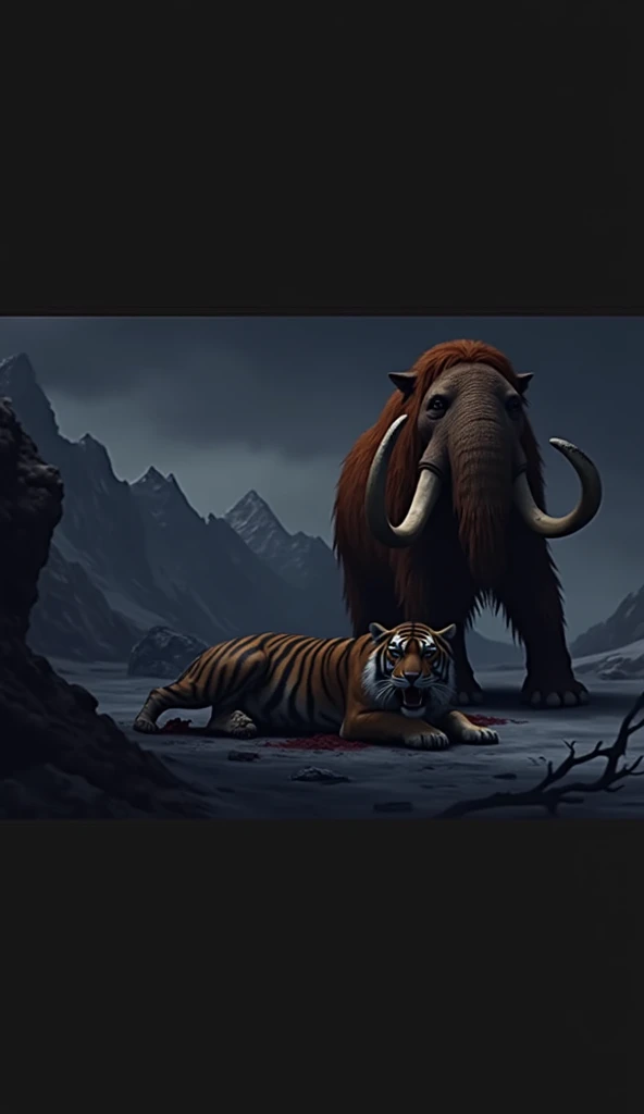 prehistoric woolly mammoth is standing on the  dead Tiger Make it realistic 