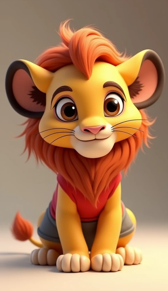 A 3d pixar style cute lion cub with a large mane and expressive , and scary eyes,wearing a red shirt and grey Shorts