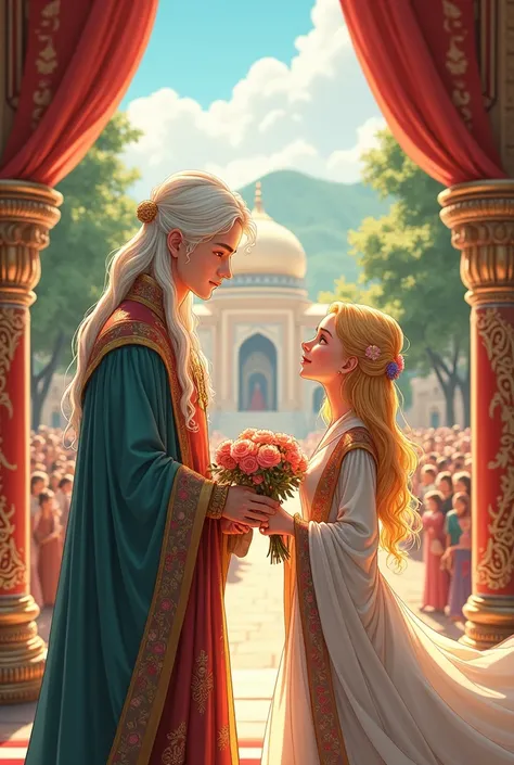 Generate me a boy and a girl having a Persian wedding, in ancient times, the white haired boy and the blonde girl, iamgen for manhwa(anime)