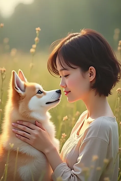 A woman with short hair and her chicken-colored and white baby Husky dog without the hen 