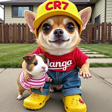 The image shows a small chihuahua dog wearing a yellow baseball cap with the word "cr7" written on it. The dog is wearing a red t-shirt with blue jeans and yellow crocs. It is standing on a sidewalk in front of a house with a brown fence in the background....