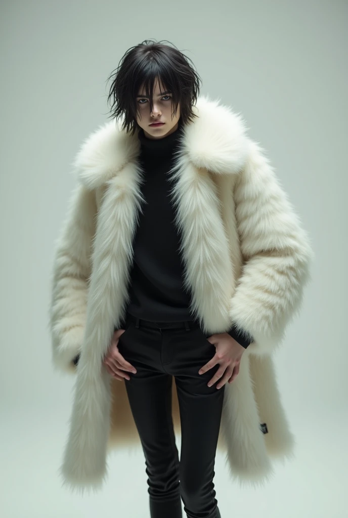 Skinny emo boy posing with white fur coat