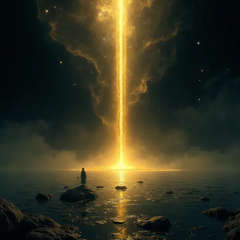 an infinitely tall golden tower from a secret dimension looms in the background surrounded by deep black magical water filled with countless galaxies